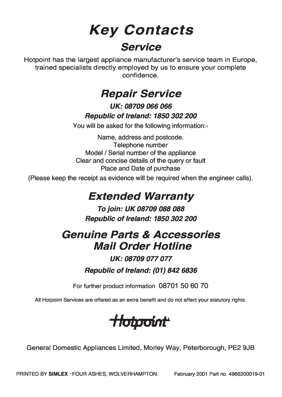 Hotpoint EG21 & EG22 Key Contacts, Repair Service, Extended Warranty, Genuine Parts & Accessories Mail Order Hotline 