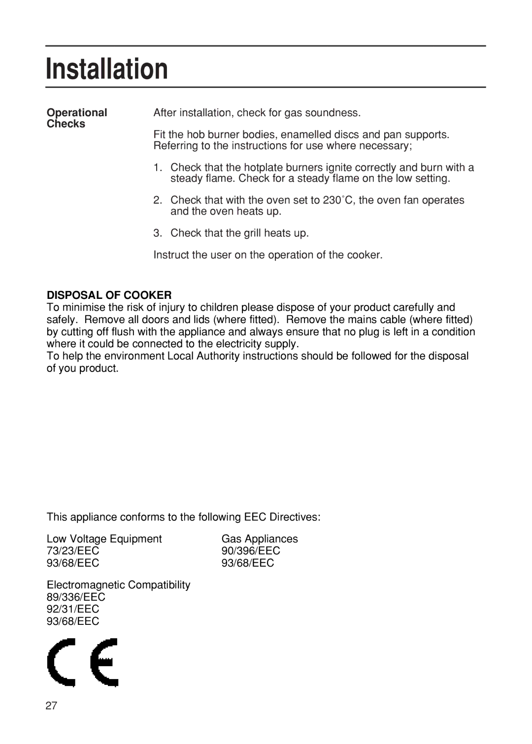 Hotpoint EG21 manual Operational, Checks 