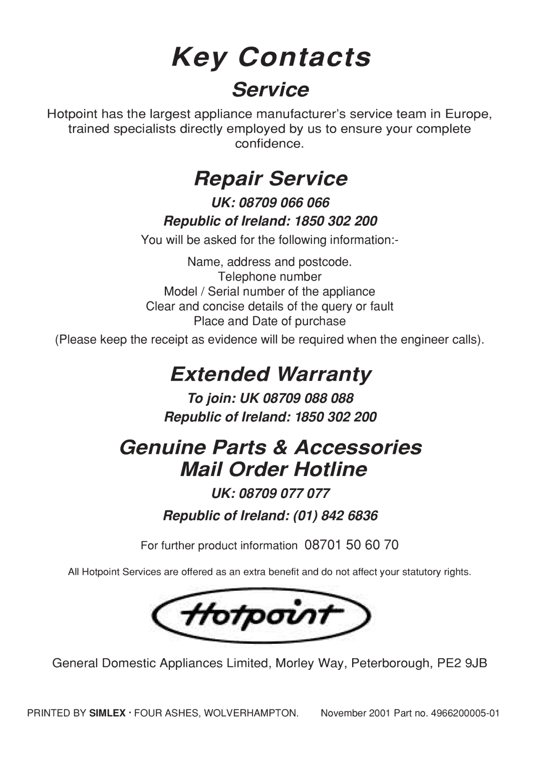 Hotpoint EG21 manual Key Contacts 