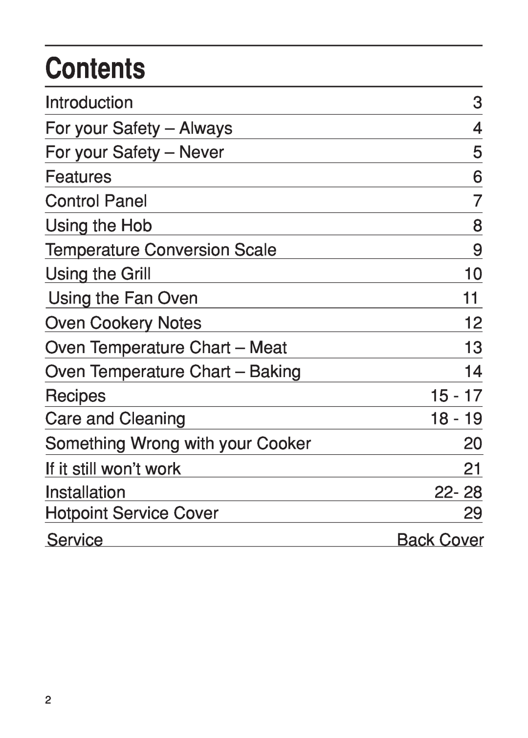 Hotpoint EG21 manual Contents 