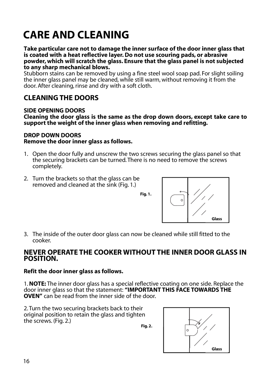 Hotpoint EG52 Cleaning The Doors, Side Opening Doors, Drop Down Doors, Remove the door inner glass as follows 