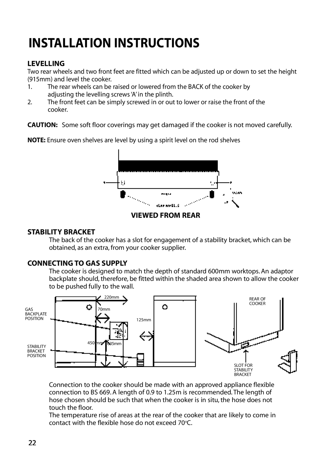 Hotpoint EG52 Levelling, Viewed From Rear Stability Bracket, Connecting To Gas Supply, Installation Instructions, 220mm 