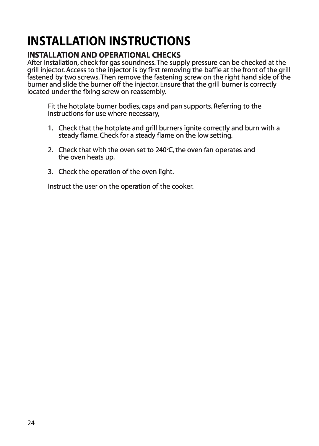 Hotpoint EG52 installation instructions Installation And Operational Checks, Installation Instructions 