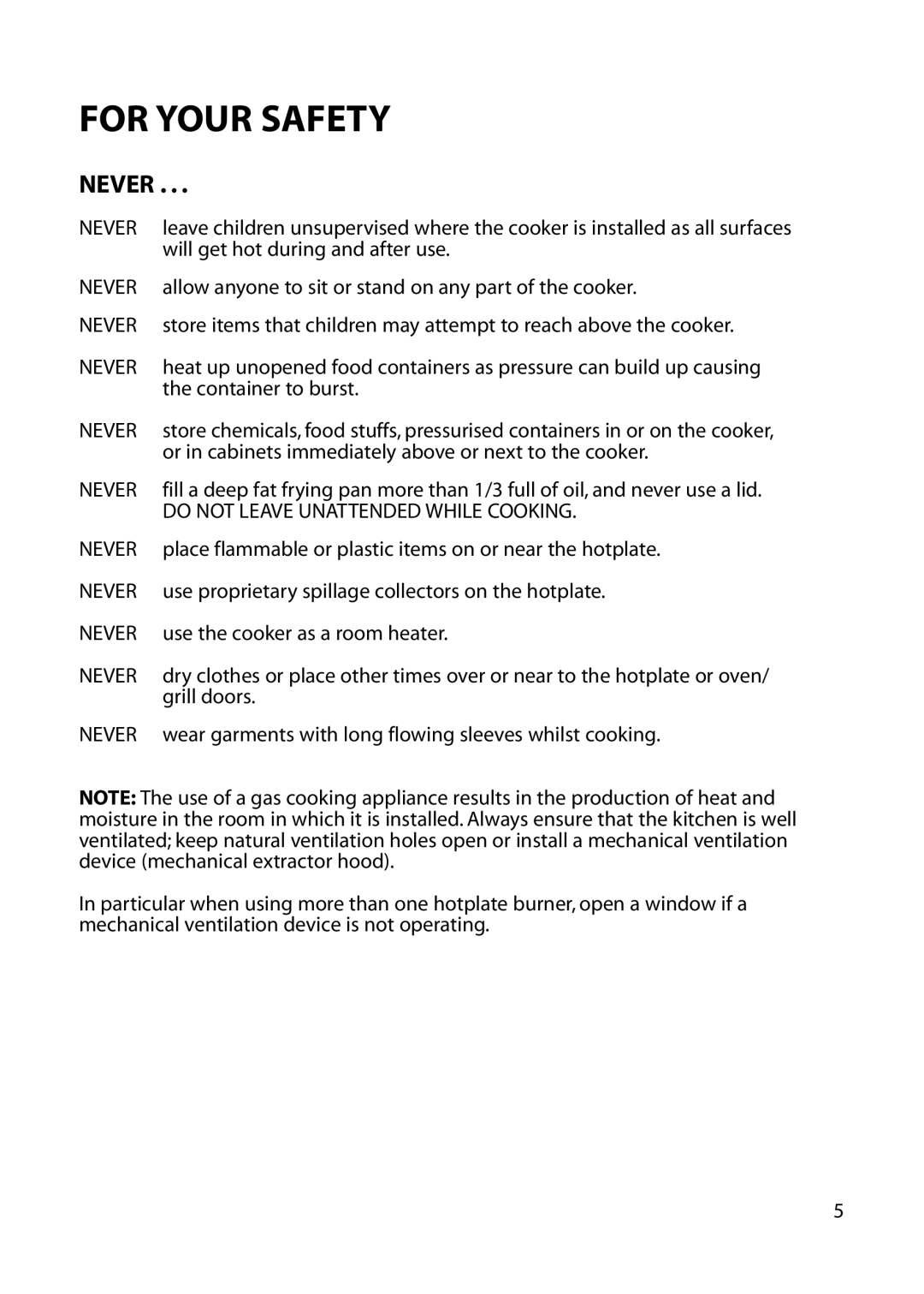 Hotpoint EG52 installation instructions Never, For Your Safety 