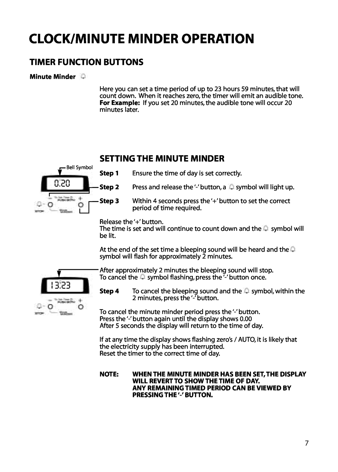 Hotpoint EG52 Timer Function Buttons, Setting The Minute Minder, 13.23, Clock/Minute Minder Operation, Step 