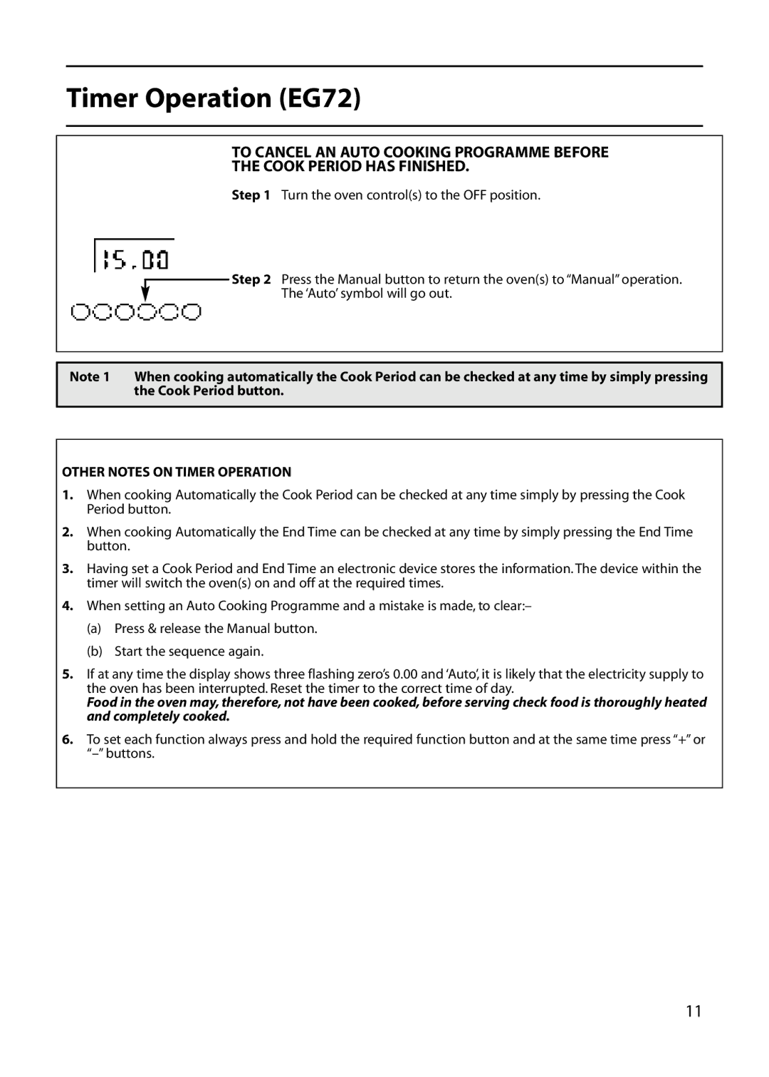 Hotpoint EG72, EG53 installation instructions Other Notes on Timer Operation 