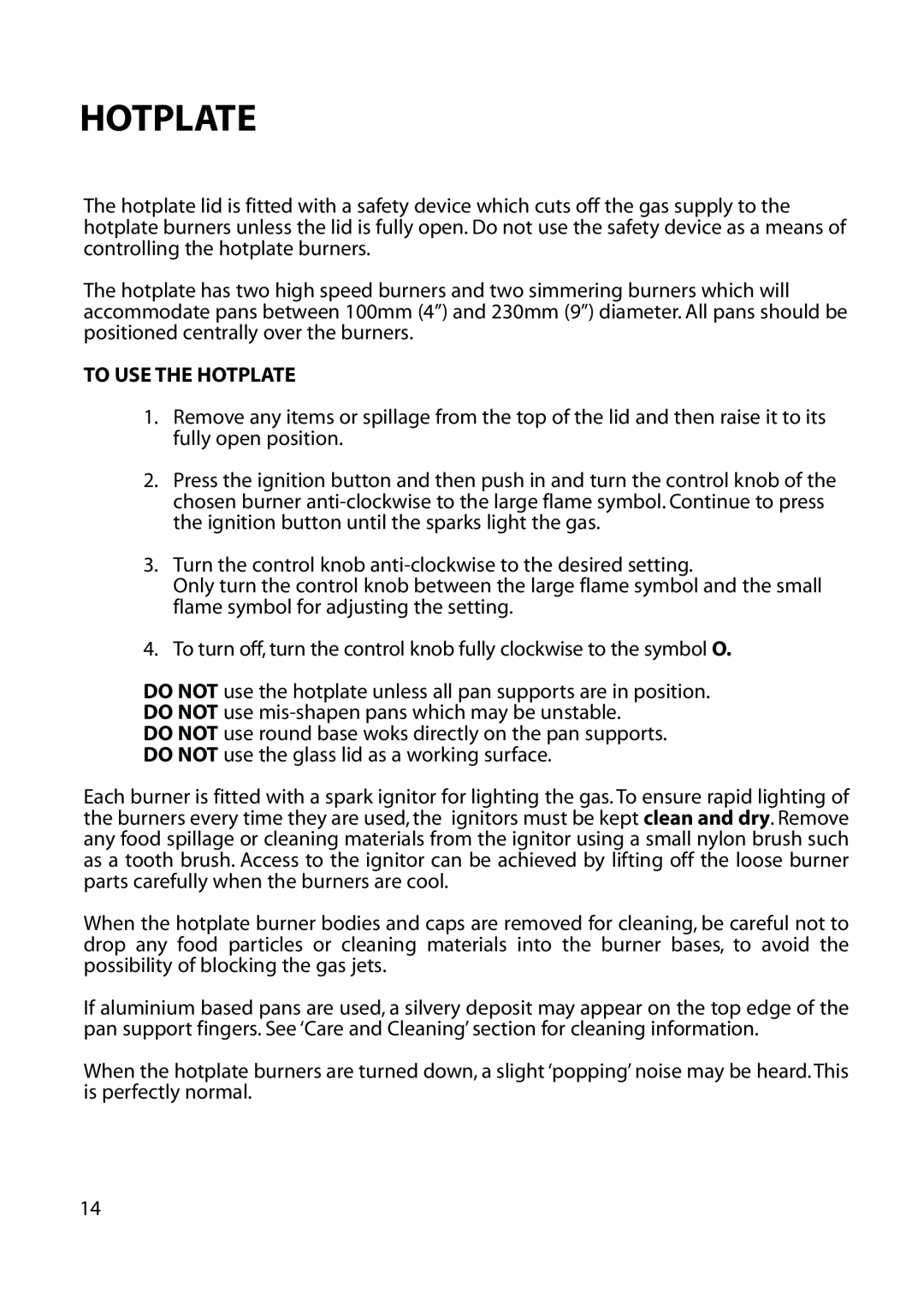 Hotpoint EG53, EG72 installation instructions To USE the Hotplate 