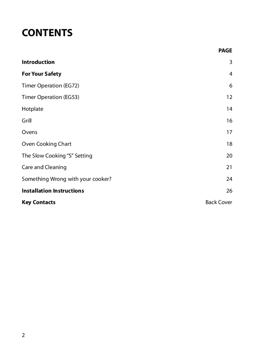 Hotpoint EG53, EG72 installation instructions Contents 