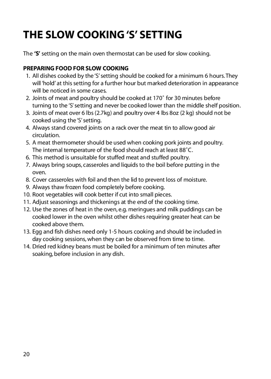 Hotpoint EG53, EG72 installation instructions Slow Cooking ‘S’ Setting, Preparing Food for Slow Cooking 