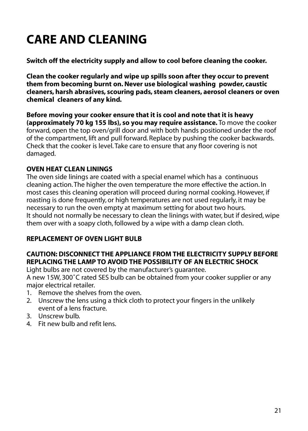 Hotpoint EG72, EG53 installation instructions Care and Cleaning, Oven Heat Clean Linings, Replacement of Oven Light Bulb 