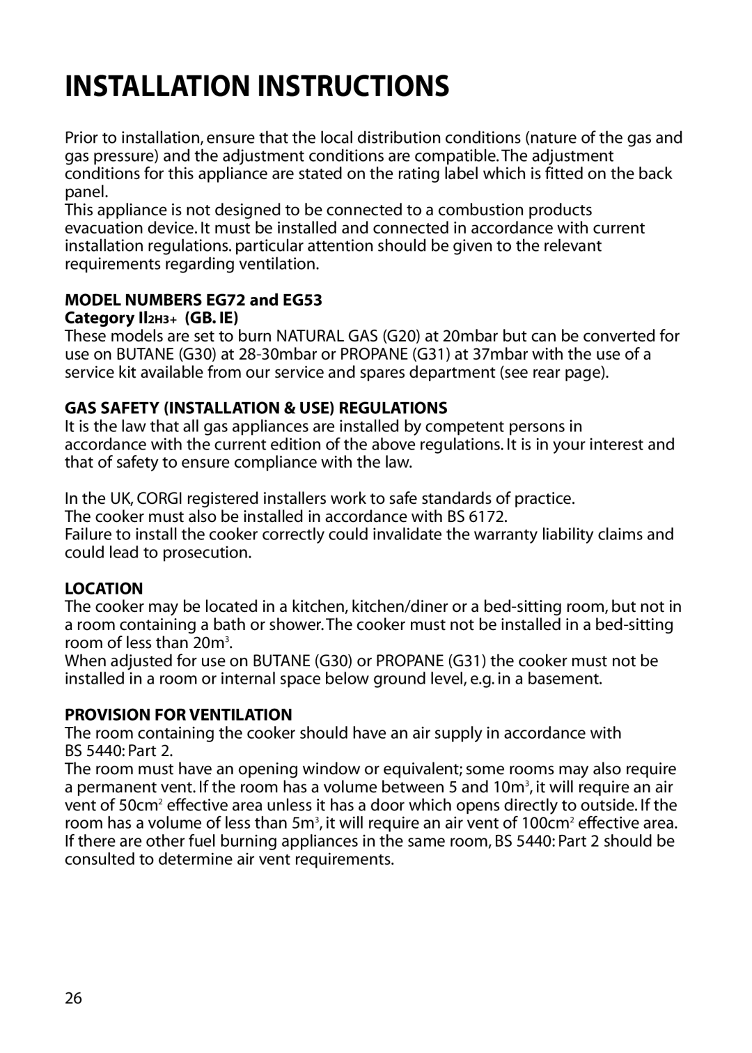 Hotpoint Installation Instructions, Model Numbers EG72 and EG53 Category Il2H3+ GB. IE, Location 