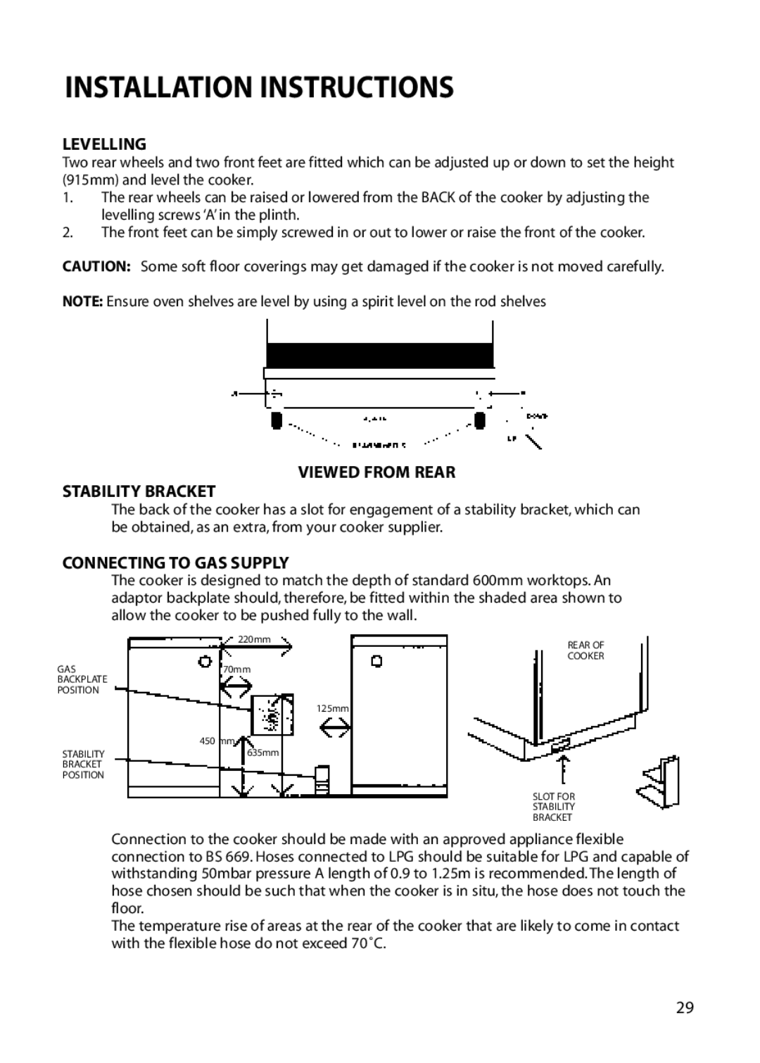 Hotpoint EG72, EG53 installation instructions Levelling, Viewed from Rear Stability Bracket, Connecting to GAS Supply 