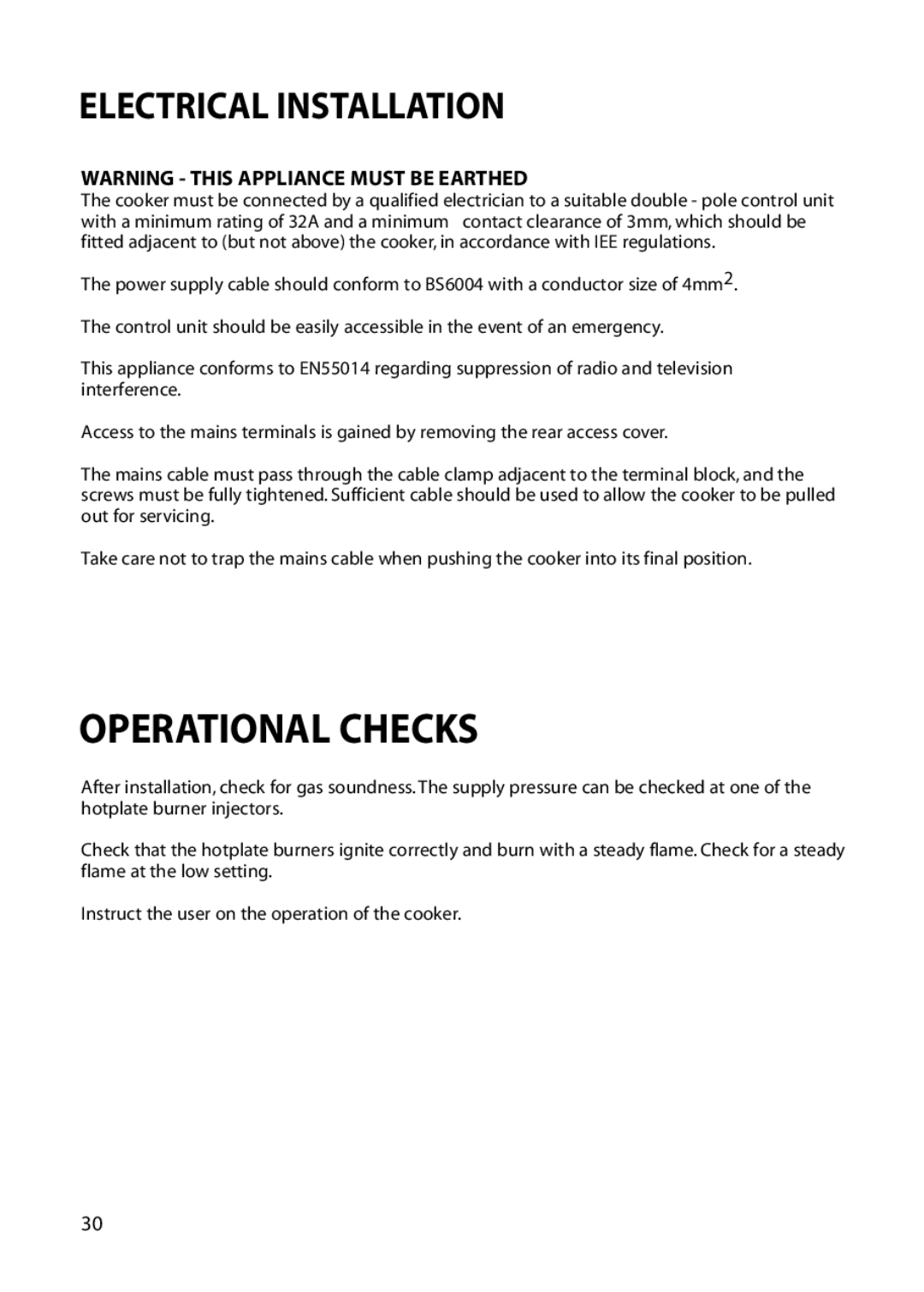 Hotpoint EG53, EG72 installation instructions Operational Checks, Electrical Installation 