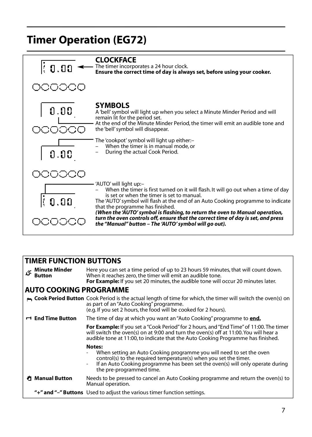 Hotpoint EG72, EG53 installation instructions Clockface, Symbols, Timer Function Buttons, Auto Cooking Programme 