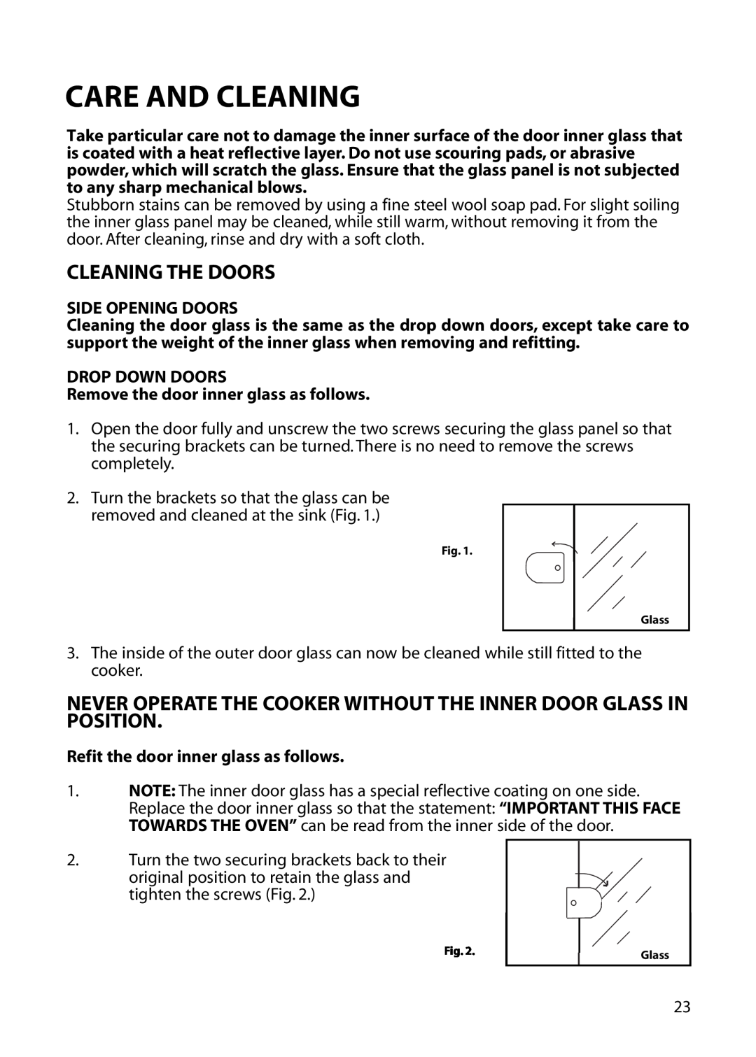 Hotpoint EG72, EG53 Cleaning The Doors, Side Opening Doors, Drop Down Doors, Remove the door inner glass as follows 