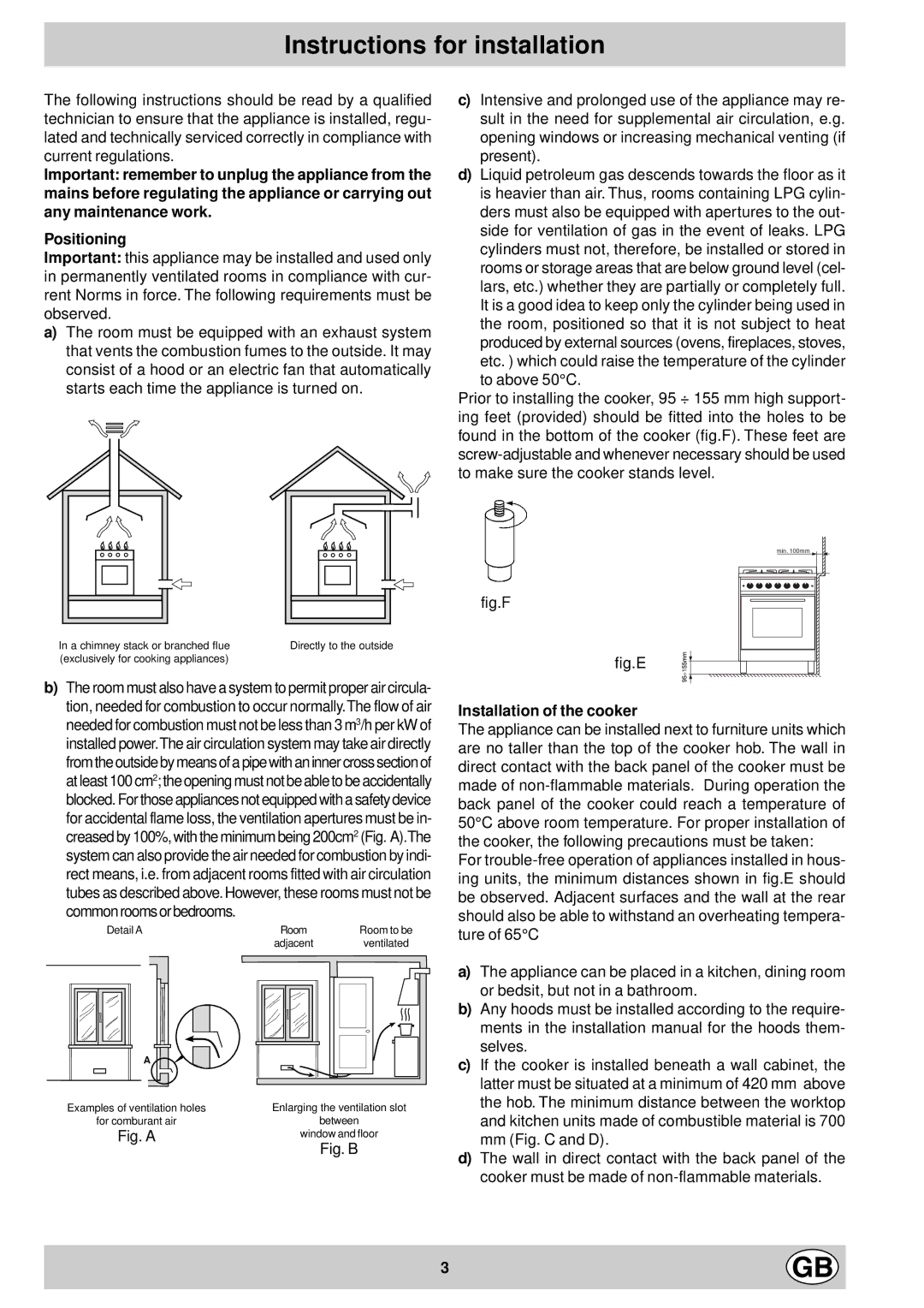 Hotpoint EG600P manual Instructions for installation, Installation of the cooker 