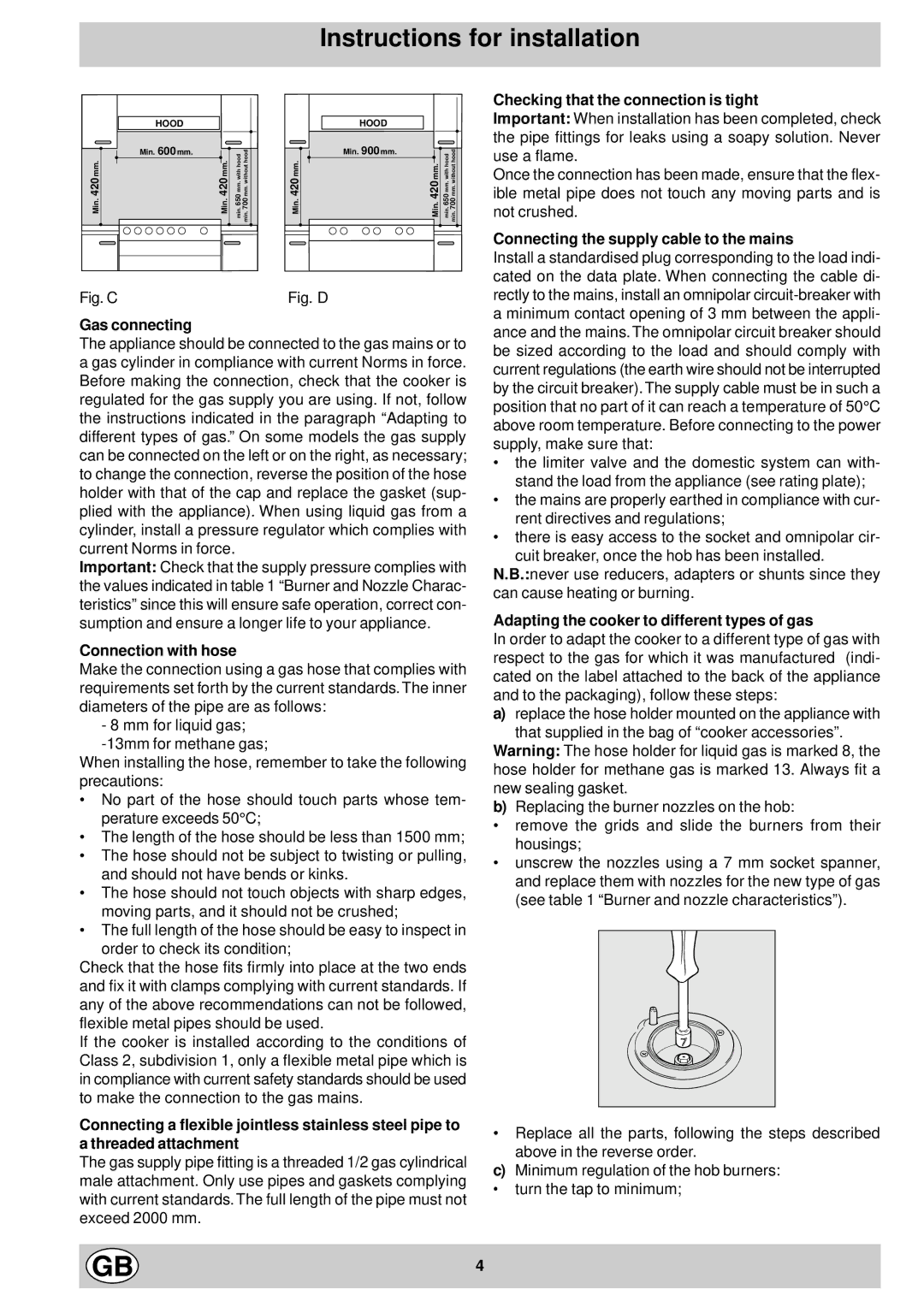 Hotpoint EG600P manual Gas connecting, Connection with hose, Checking that the connection is tight 