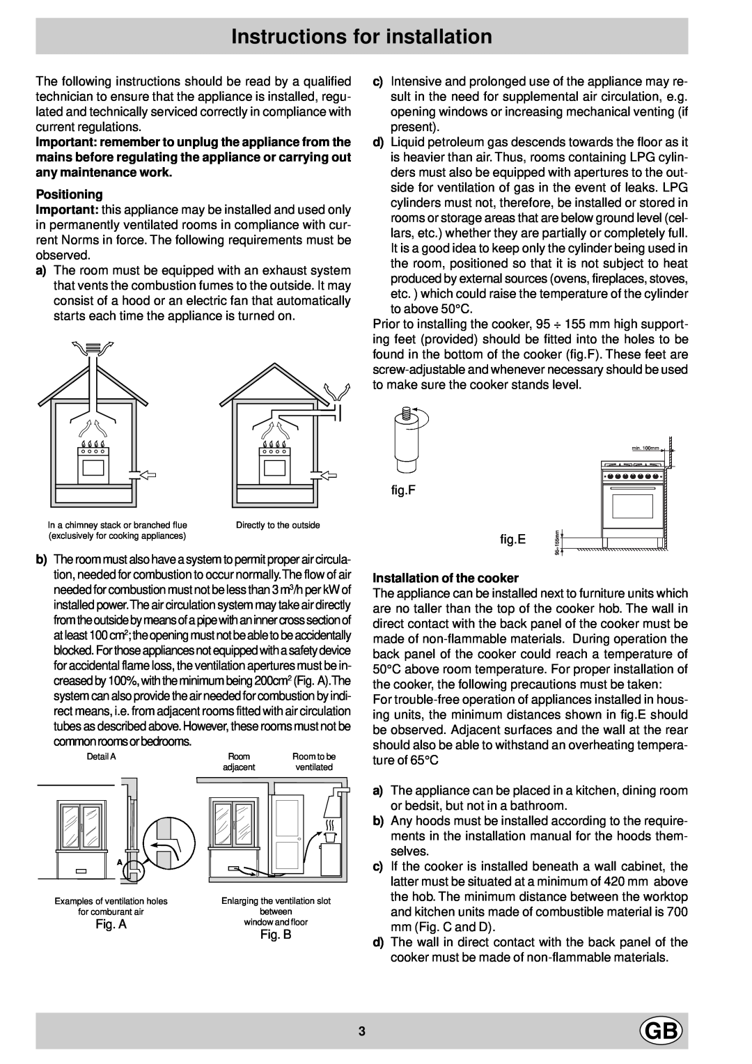 Hotpoint EG600P manual Instructions for installation, Positioning, fig.E, Installation of the cooker 