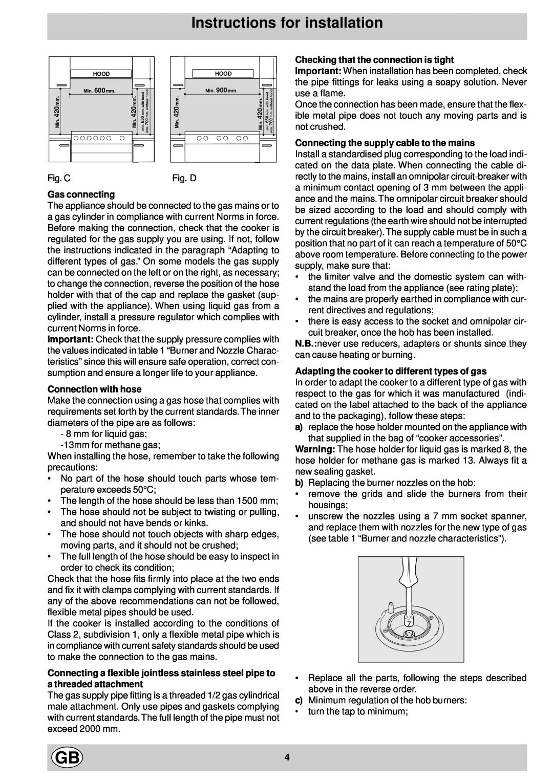 Hotpoint EG600P Instructions for installation, Gas connecting, Connection with hose, Checking that the connection is tight 