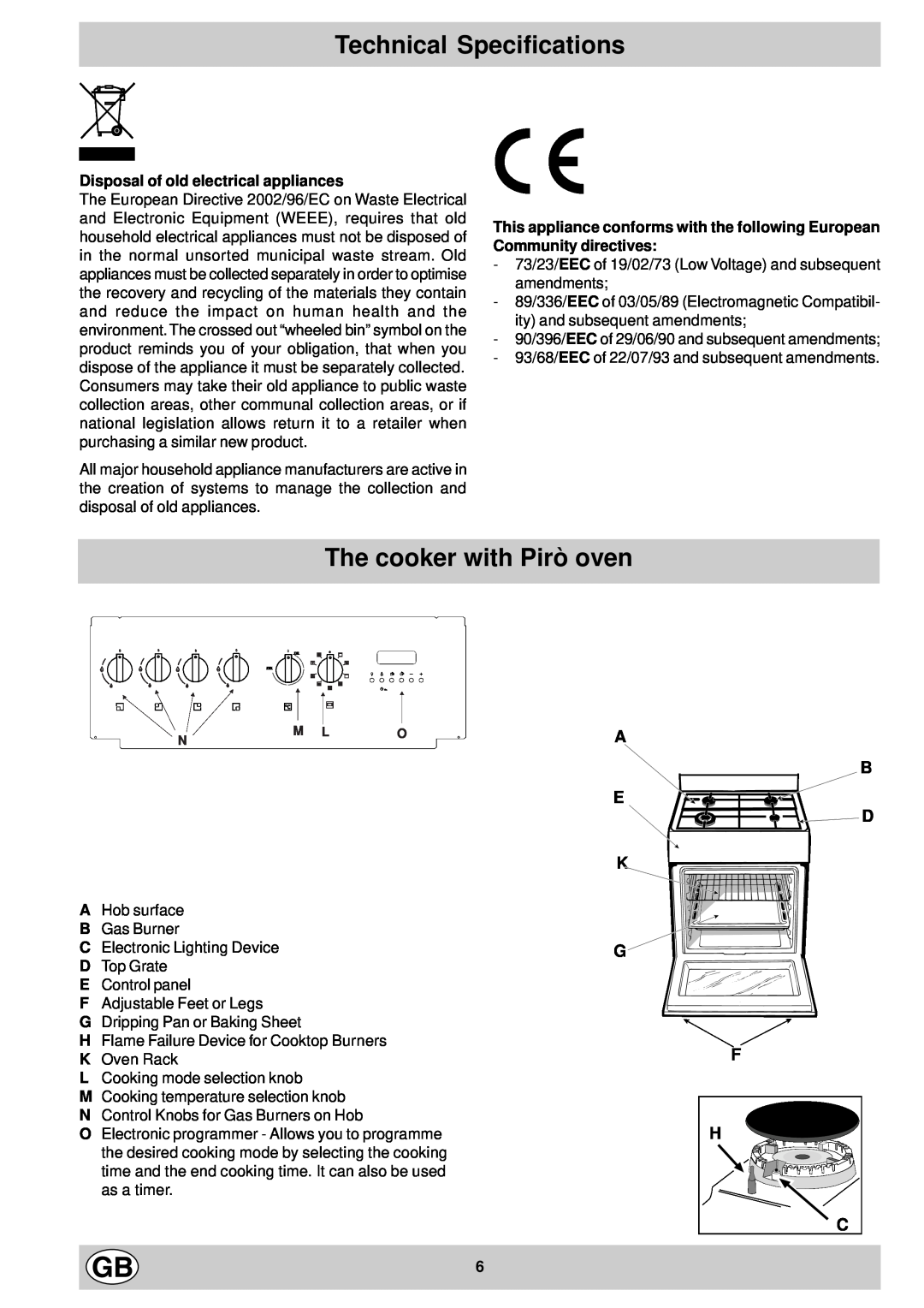 Hotpoint EG600P manual The cooker with Pirò oven, Technical Specifications, A B E D, Disposal of old electrical appliances 