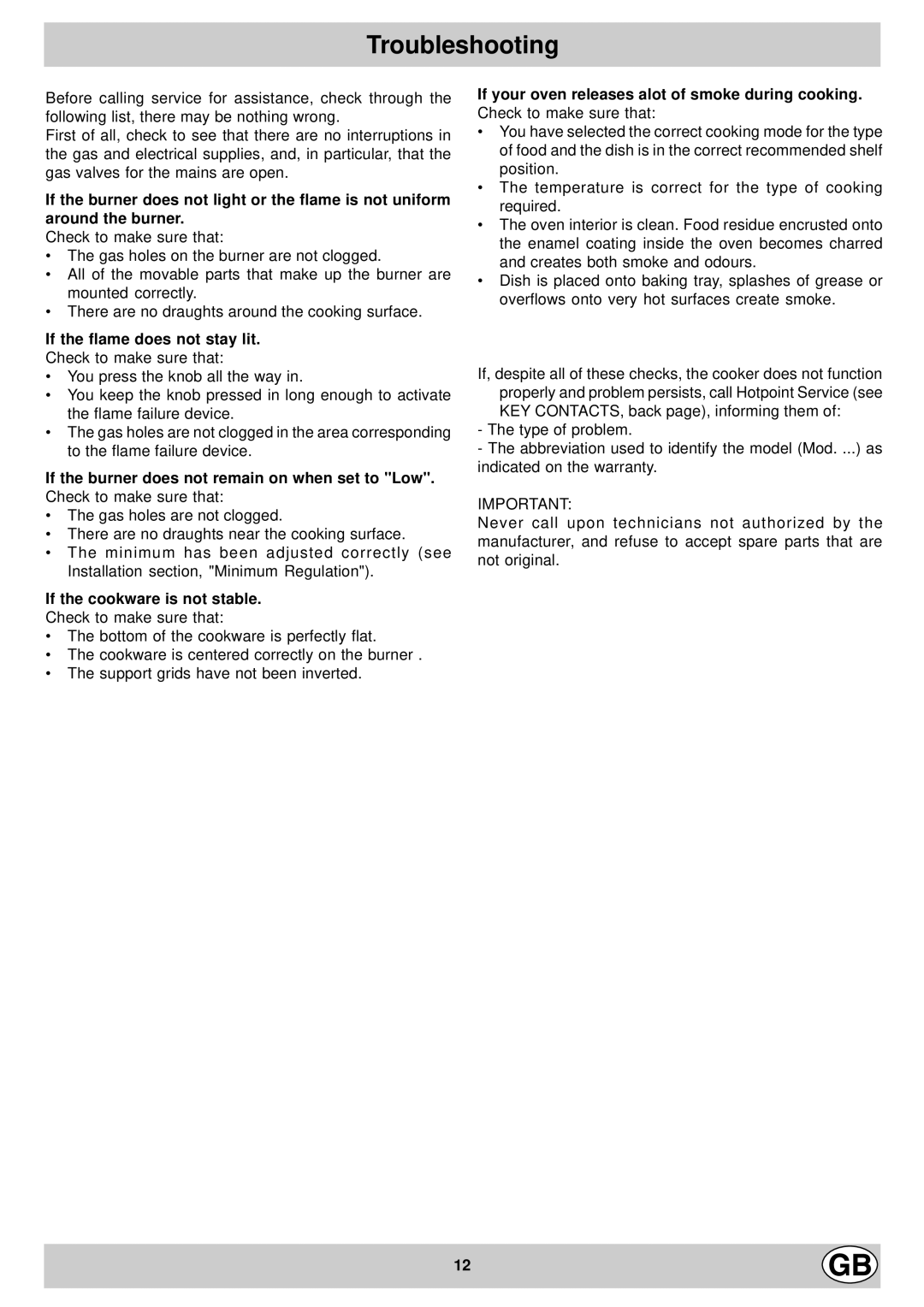 Hotpoint EG600X manual If the flame does not stay lit, If the cookware is not stable 