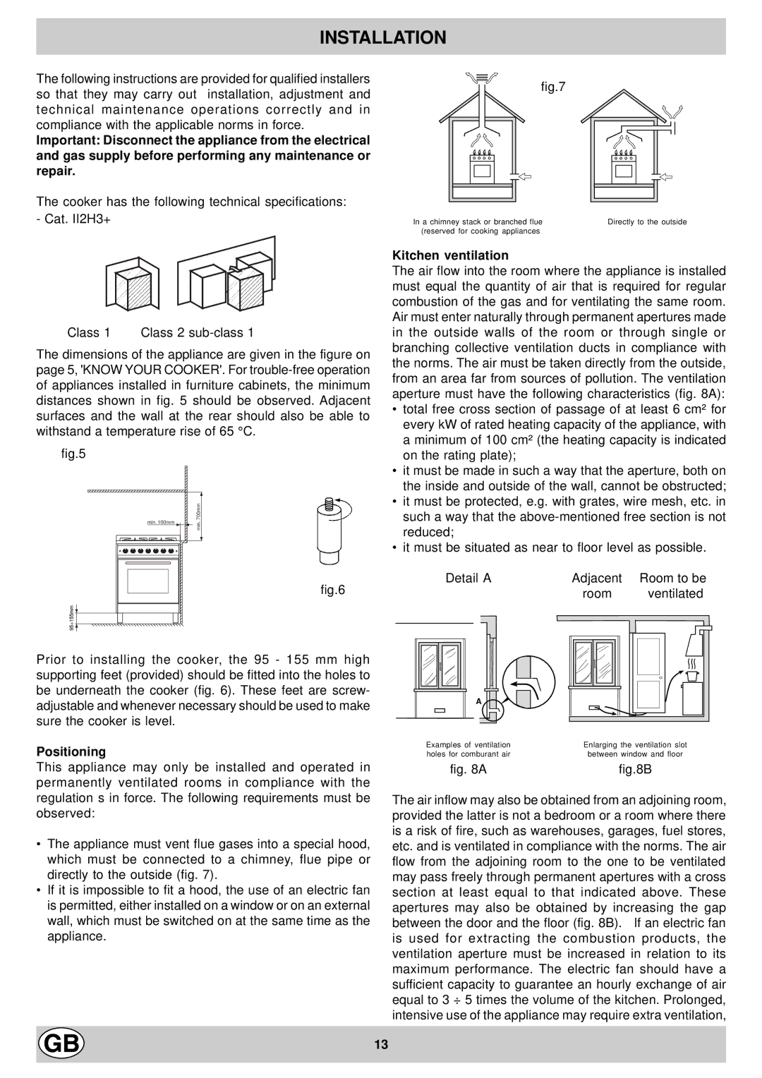 Hotpoint EG600X manual Installation, Positioning, Kitchen ventilation 