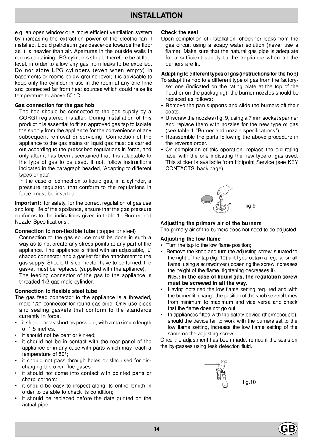 Hotpoint EG600X manual Gas connection for the gas hob, Check the seal, Adjusting the primary air of the burners 