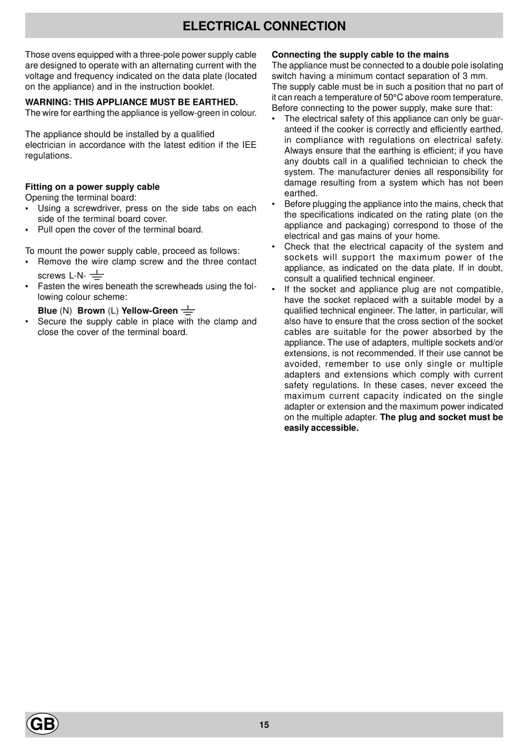 Hotpoint EG600X manual Electrical Connection, Fitting on a power supply cable, Blue N Brown L Yellow-Green 