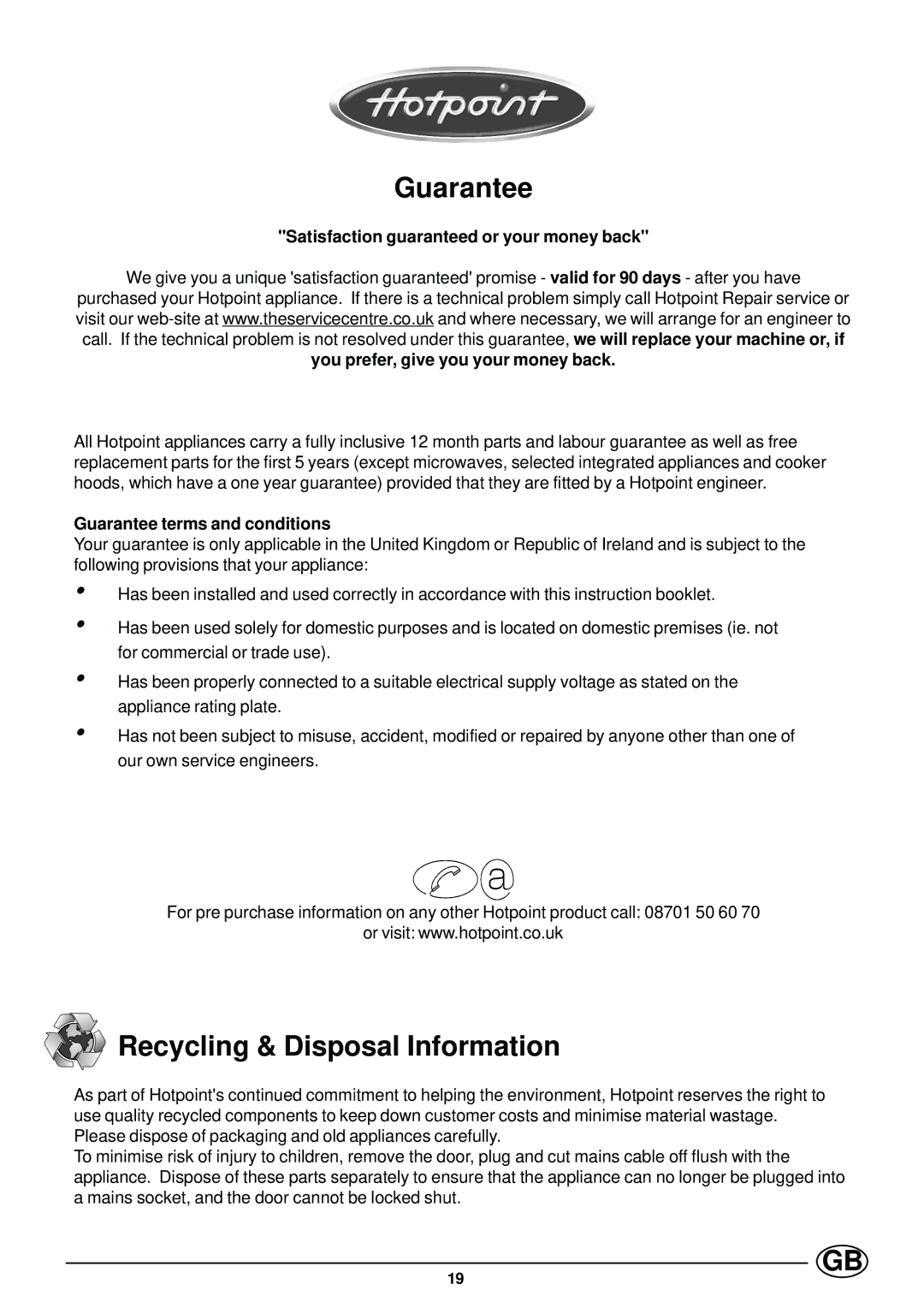 Hotpoint EG600X manual Guarantee, Recycling & Disposal Information 