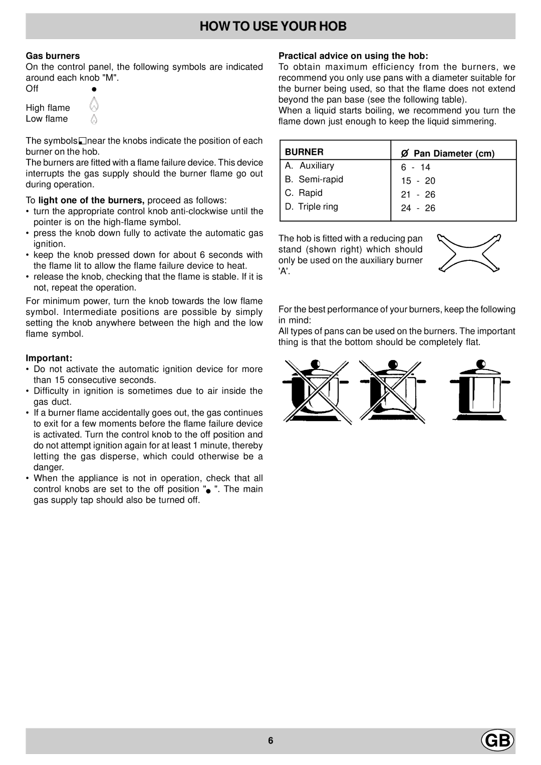 Hotpoint EG600X manual HOW to USE Your HOB, Gas burners, To light one of the burners, proceed as follows, Pan Diameter cm 