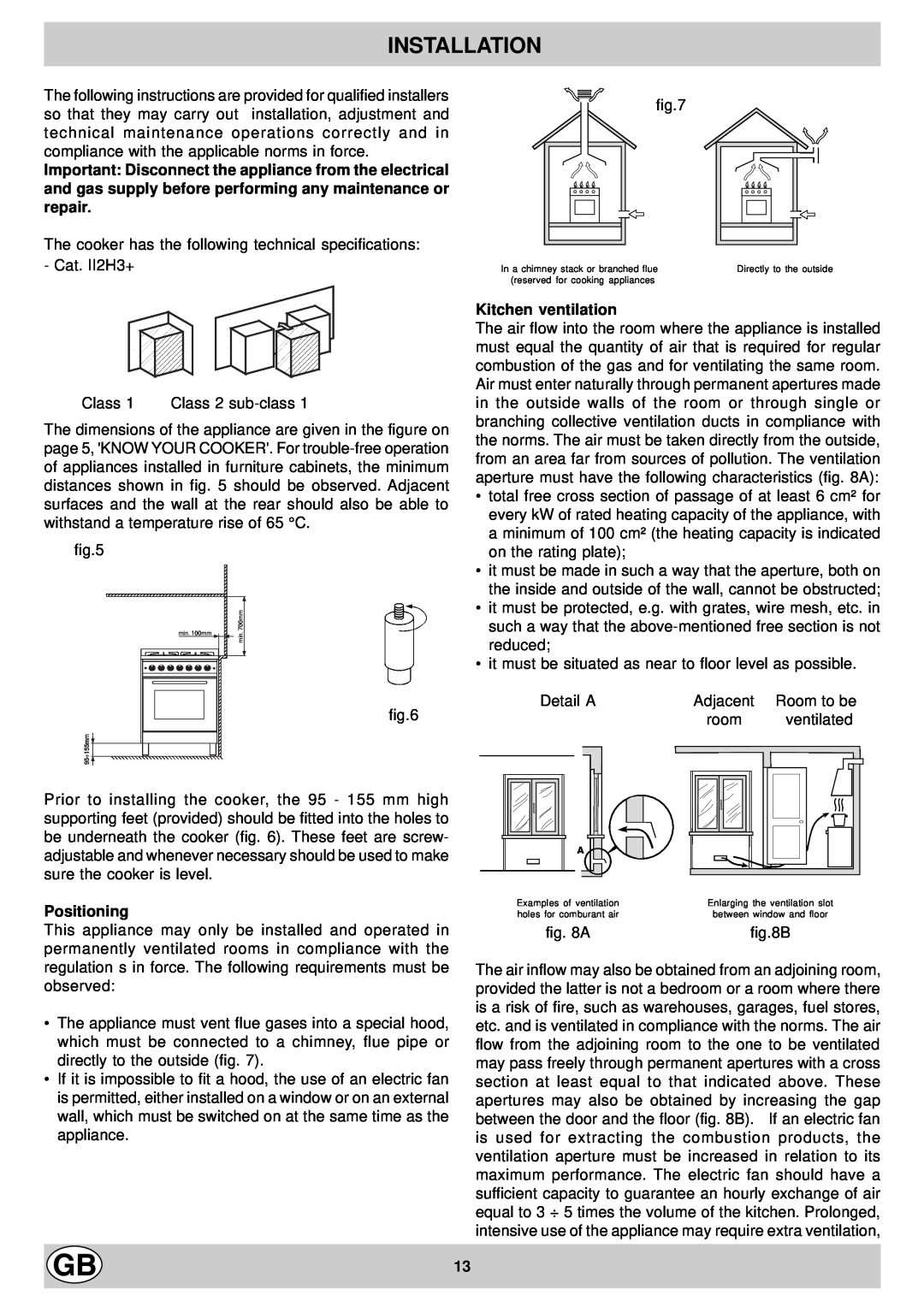 Hotpoint EG600X manual Installation, Positioning, Kitchen ventilation 