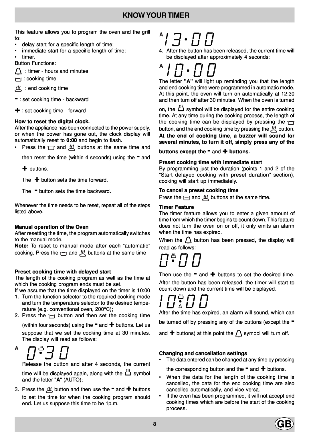 Hotpoint EG600X manual Know Your Timer, How to reset the digital clock, Manual operation of the Oven, Timer Feature 