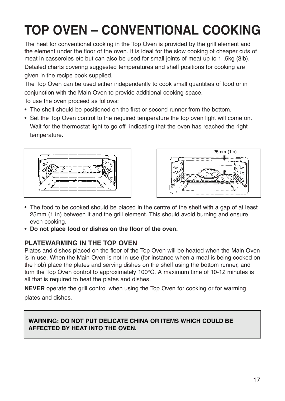 Hotpoint EG71 manual TOP Oven Conventional Cooking, Platewarming in the TOP Oven 