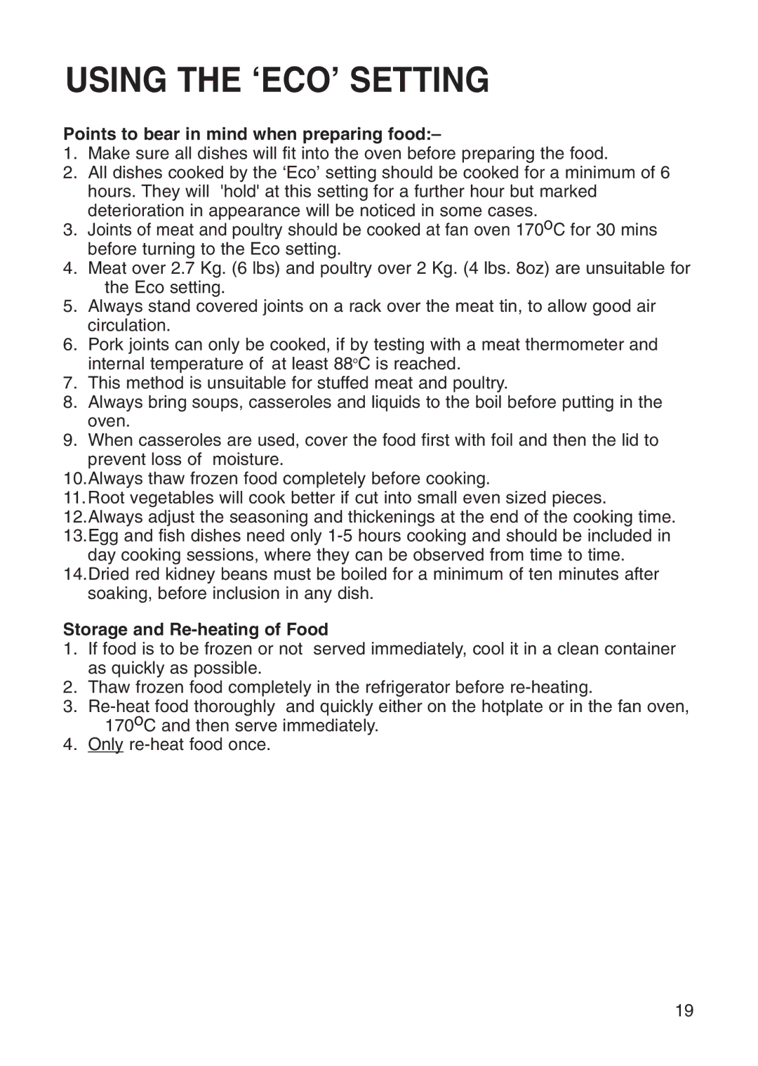 Hotpoint EG71 manual Using the ‘ECO’ Setting, Points to bear in mind when preparing food, Storage and Re-heating of Food 