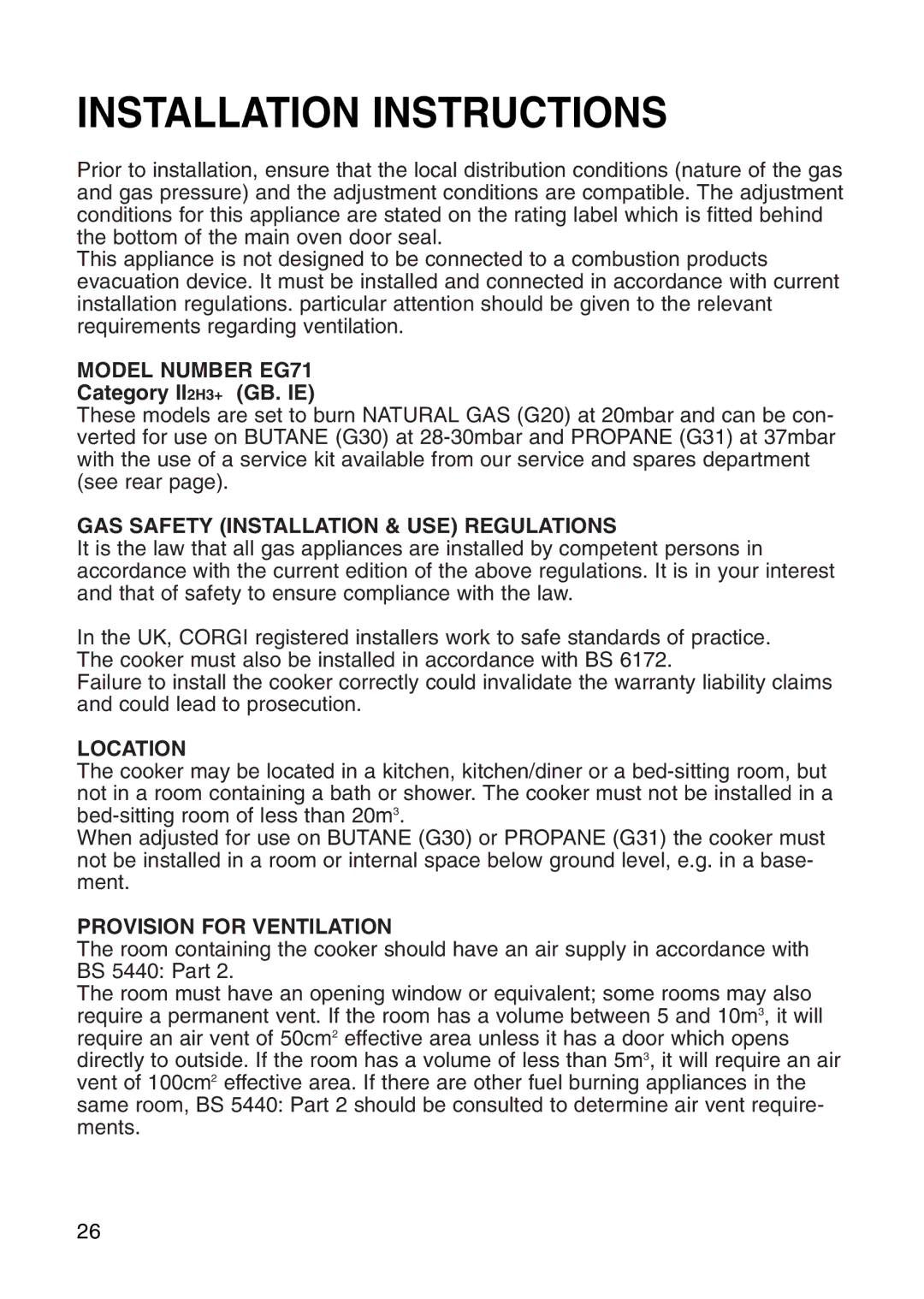 Hotpoint manual Installation Instructions, Model Number EG71, GAS Safety Installation & USE Regulations, Location 