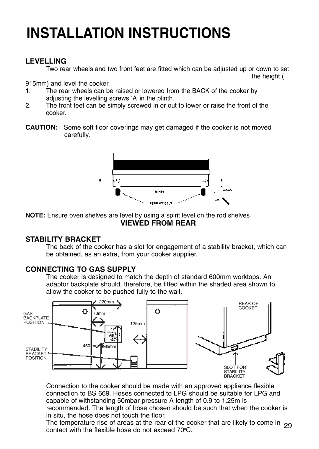 Hotpoint EG71 manual Levelling, Viewed from Rear Stability Bracket, Connecting to GAS Supply 