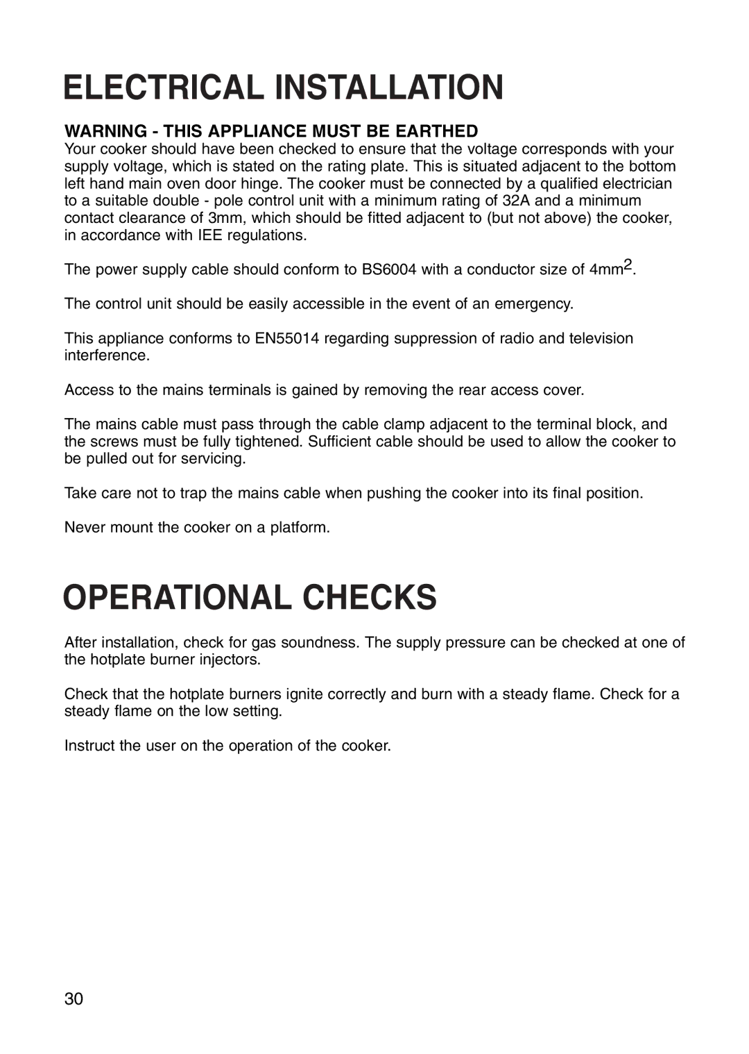 Hotpoint EG71 manual Electrical Installation, Operational Checks 