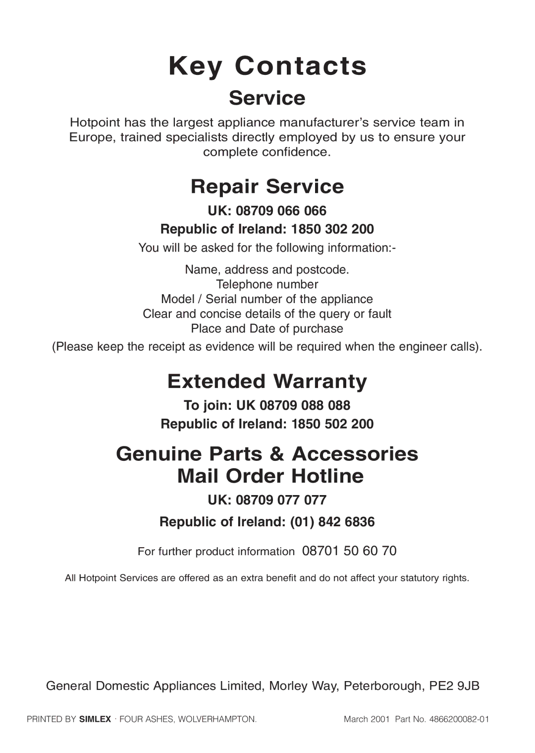 Hotpoint EG71 manual Key Contacts 