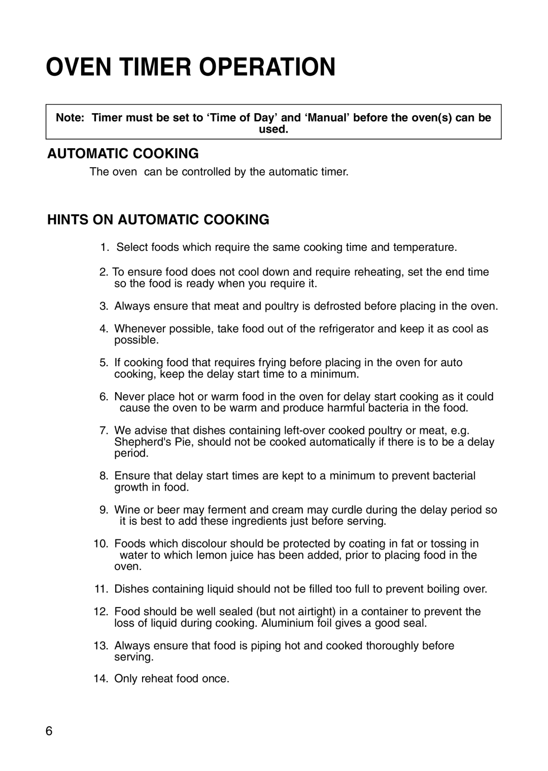 Hotpoint EG71 manual Oven Timer Operation, Hints on Automatic Cooking 