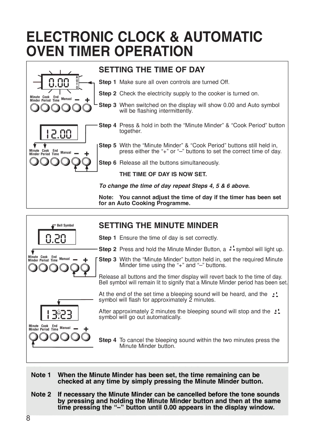 Hotpoint EG71 manual Setting the Time of DAY, Setting the Minute Minder 