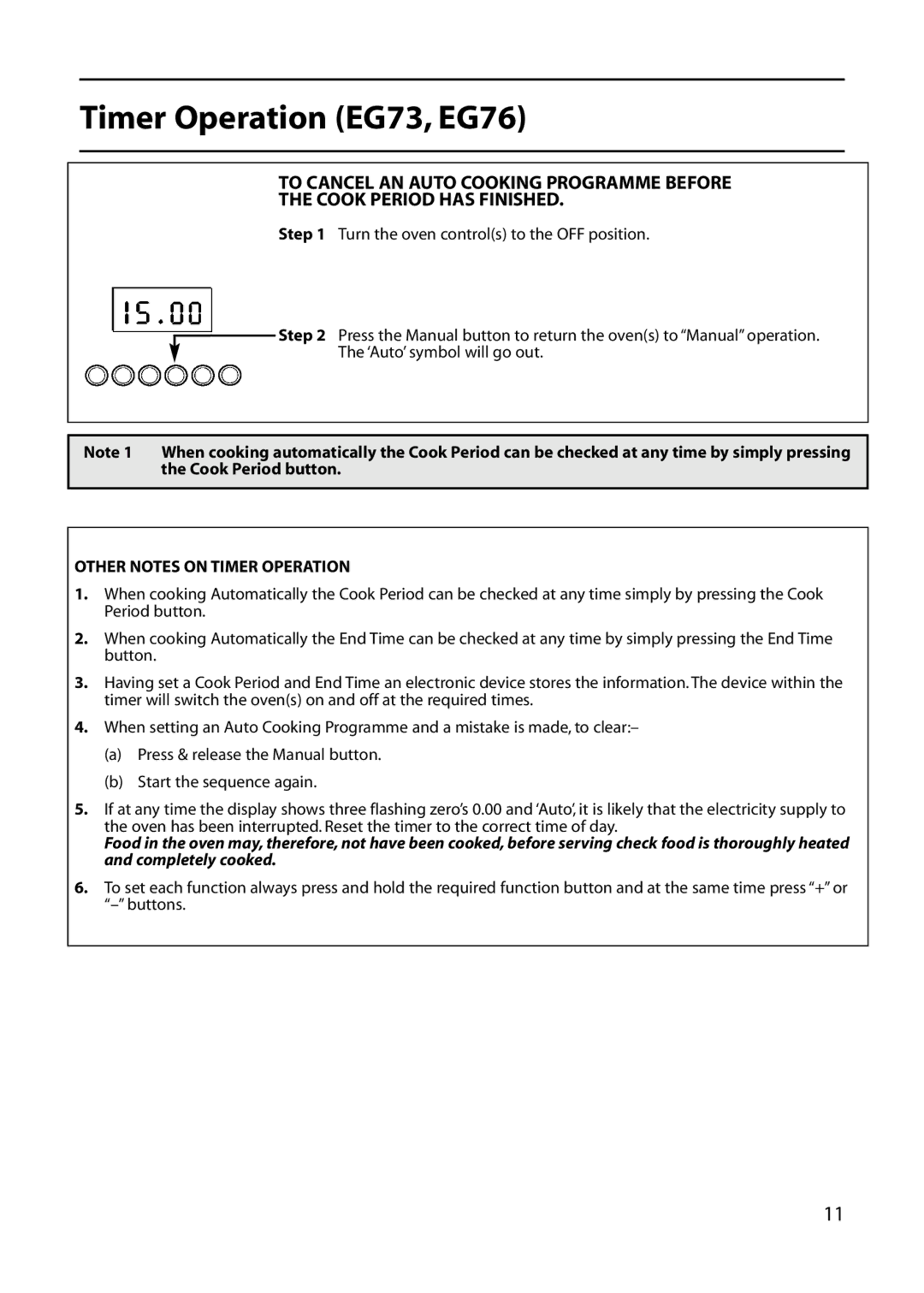 Hotpoint EG54, EG73 EG76 manual Other Notes on Timer Operation 