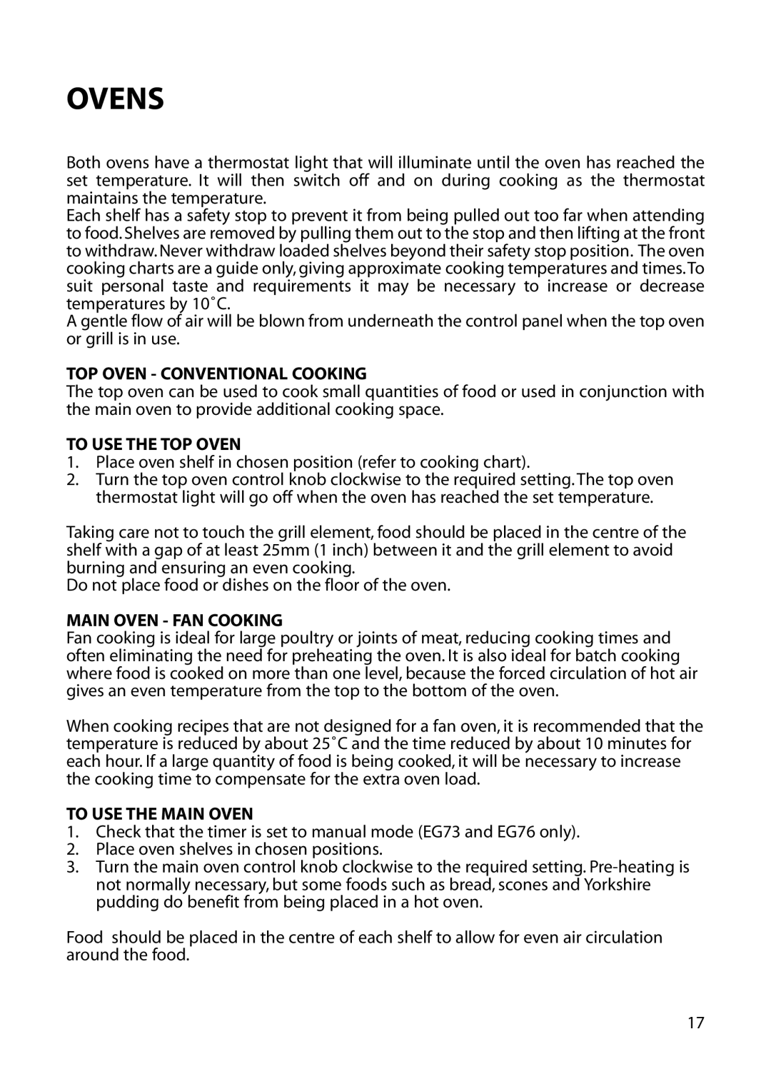 Hotpoint EG54 manual Ovens, TOP Oven Conventional Cooking, To USE the TOP Oven, Main Oven FAN Cooking, To USE the Main Oven 