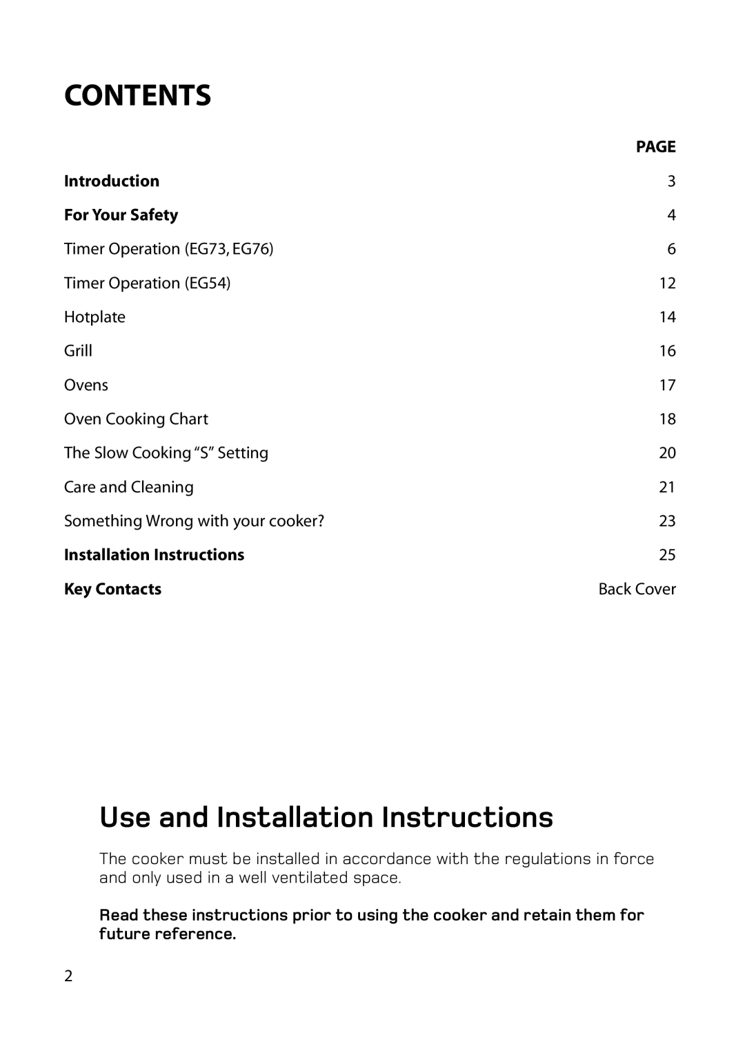 Hotpoint EG73 EG76, EG54 manual Contents 