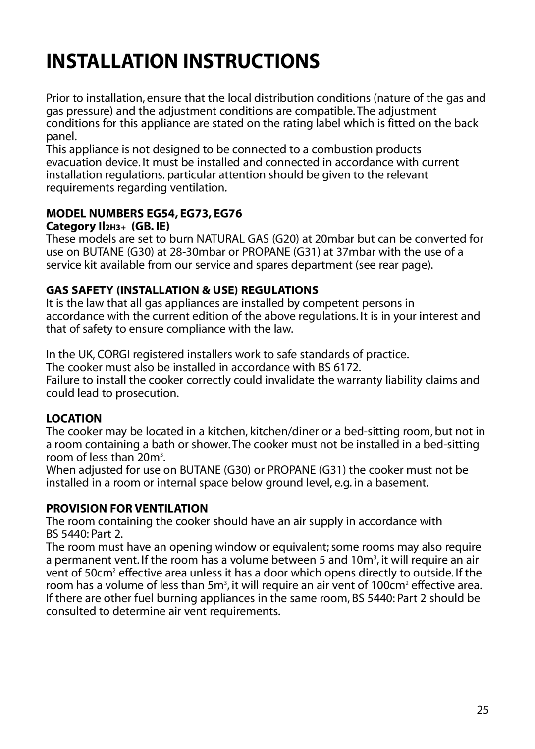 Hotpoint Installation Instructions, Model Numbers EG54, EG73, EG76, GAS Safety Installation & USE Regulations, Location 