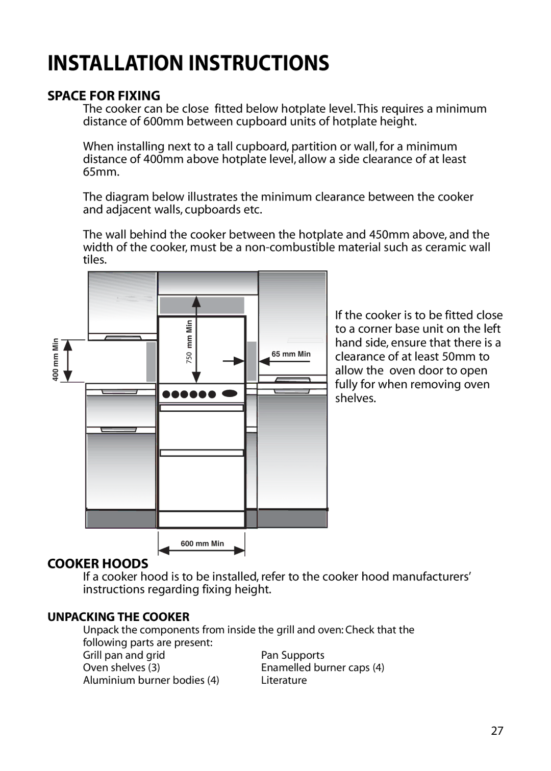 Hotpoint EG54, EG73 EG76 manual Space for Fixing, Cooker Hoods, Unpacking the Cooker 