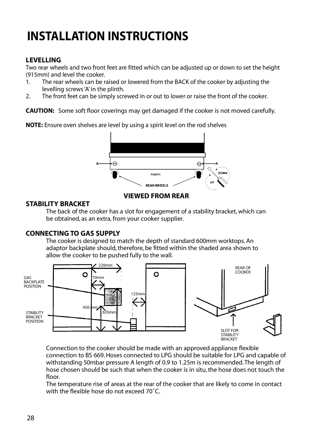 Hotpoint EG73 EG76, EG54 manual Levelling, Viewed from Rear Stability Bracket, Connecting to GAS Supply 