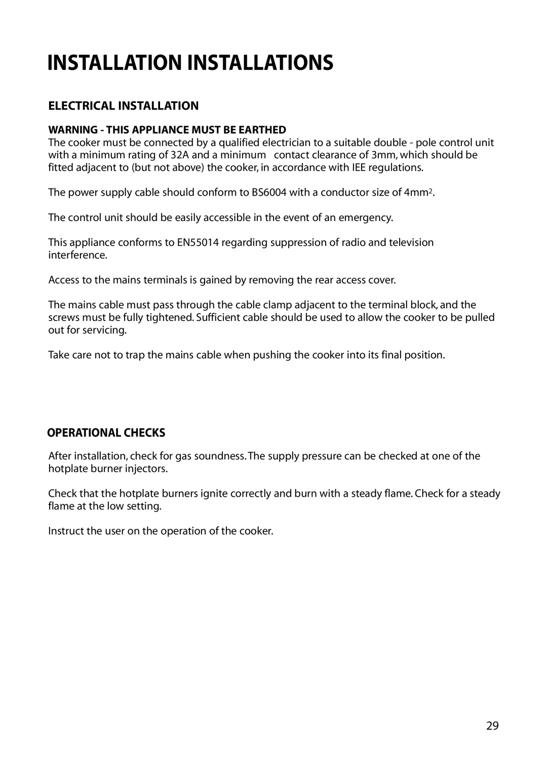 Hotpoint EG54, EG73 EG76 manual Installation Installations, Electrical Installation, Operational Checks 