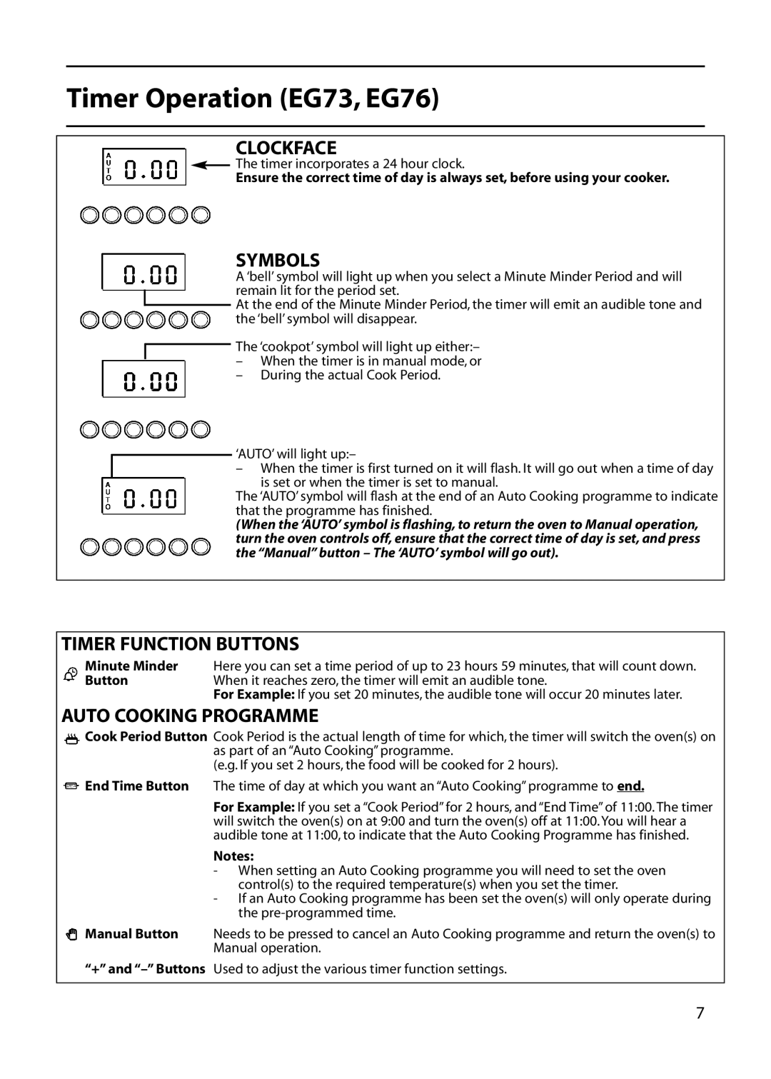 Hotpoint EG54, EG73 EG76 manual Clockface, Symbols, Timer Function Buttons, Auto Cooking Programme 