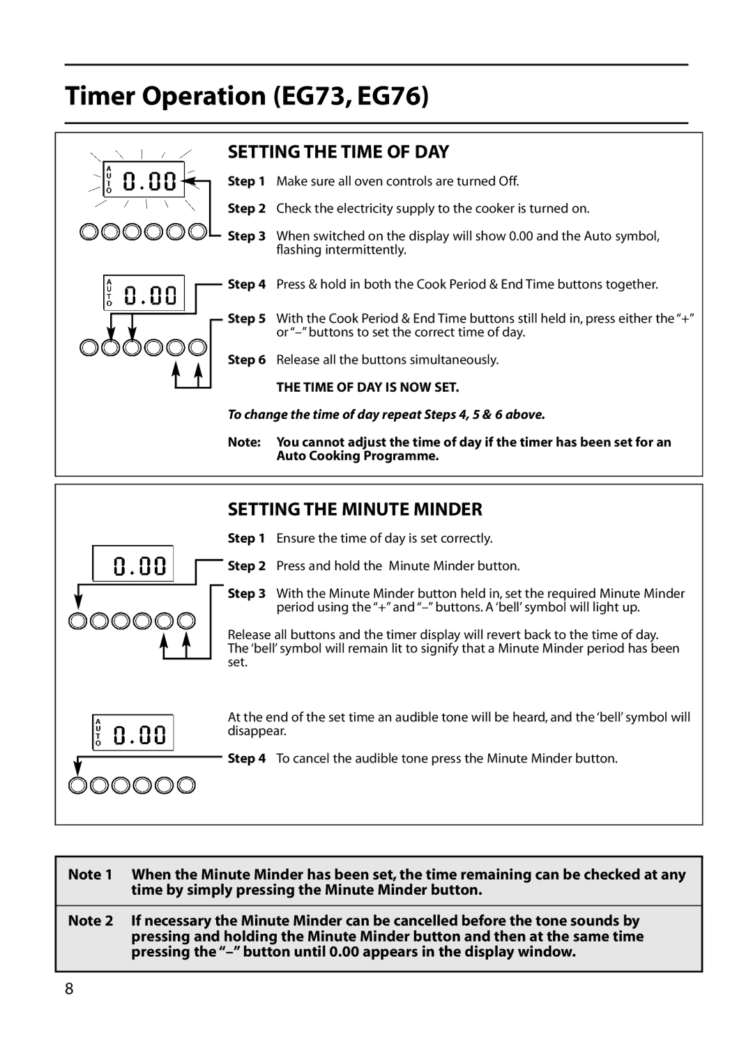 Hotpoint EG73 EG76, EG54 manual Setting the Time of DAY, Setting the Minute Minder 