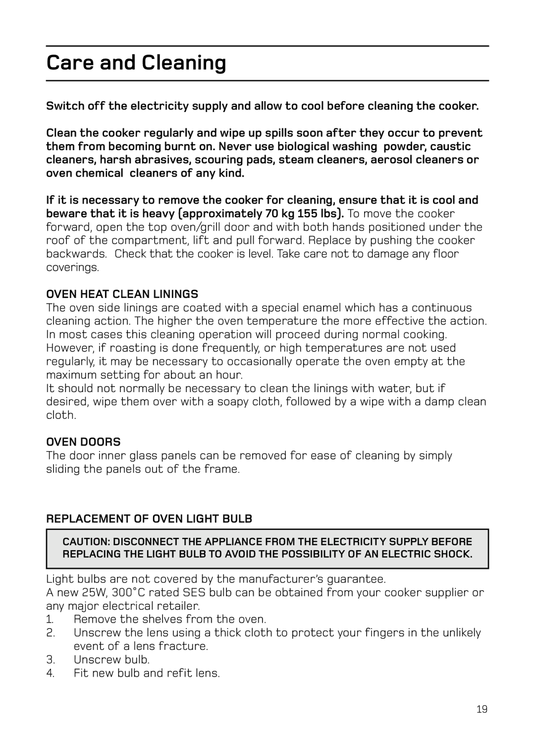 Hotpoint EG74 manual Care and Cleaning, Oven Heat Clean Linings, Oven Doors, Replacement of Oven Light Bulb 